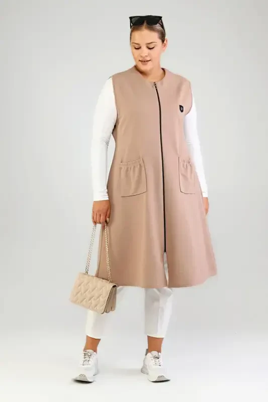 Ayol katta tanli battal hijob uzun yengsiz fermuarlı jilet Vizon-Vizon - 1