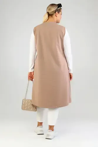 Ayol katta tanli battal hijob uzun yengsiz fermuarlı jilet Vizon-Vizon - 7