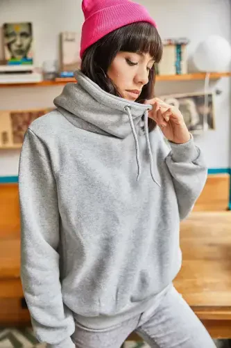 Ayol Kulrang Baland Bo'yinli Yumshoq Fakturali Qalin Sweatshirt SWT-19000189-Kulrang - 3