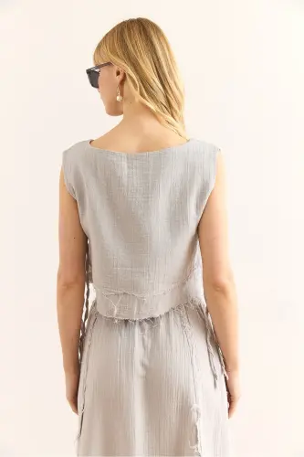 Ayol Kulrang Ikki Qavat Yomon Tikuv Bog'ich Tafsilotli Muslin Bluz BLZ-19002924-Kulrang - 6