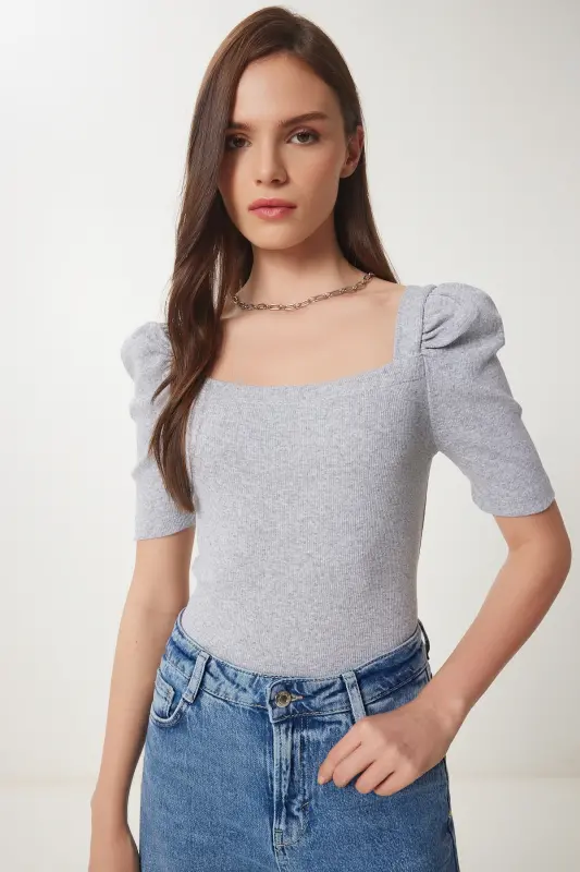 Ayol Kulrang Melanj Kvadrat Yoqali Fitilli Crop Bluz GT00007-Kulrang Melanj - 1