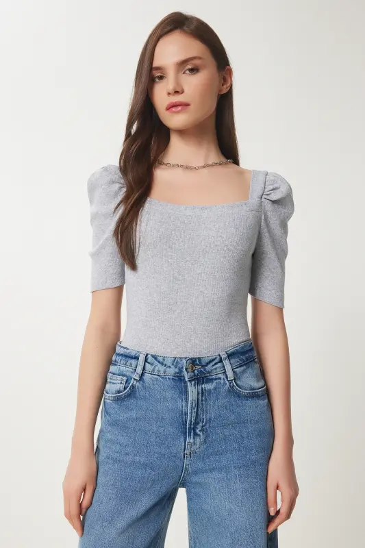 Ayol Kulrang Melanj Kvadrat Yoqali Fitilli Crop Bluz GT00007-Kulrang Melanj - 3
