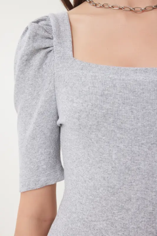 Ayol Kulrang Melanj Kvadrat Yoqali Fitilli Crop Bluz GT00007-Kulrang Melanj - 5