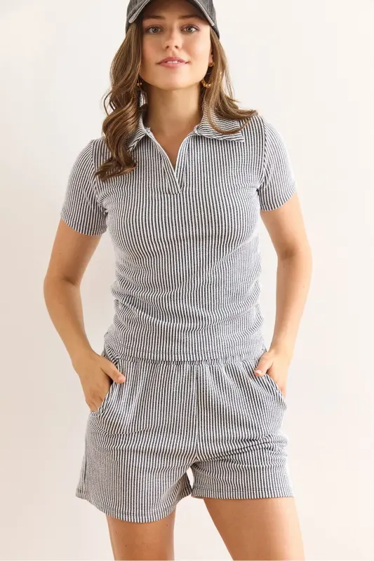 Ayol kulrang polo yoqali bluzkali shortikli kostyum TKM-190004 - OLALOOK