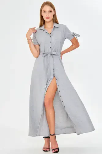 Ayol Kulrang Qisqichli Kamar Bog'langan Belbog'li Ko'ylak Ko'ylak ARM-23Y001004-Kulrang - 1