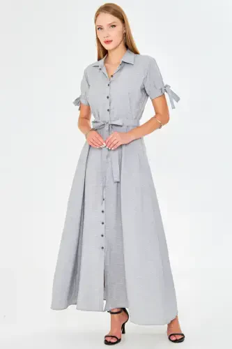 Ayol Kulrang Qisqichli Kamar Bog'langan Belbog'li Ko'ylak Ko'ylak ARM-23Y001004-Kulrang - ARMONIKA (1)