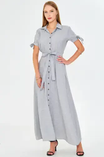 Ayol Kulrang Qisqichli Kamar Bog'langan Belbog'li Ko'ylak Ko'ylak ARM-23Y001004-Kulrang - 3