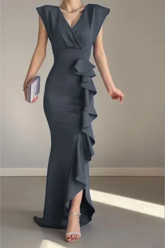 Ayol kulrang Scuba g'avvoslik matosi kesishgan yoqali etegi volanli oqshom bitiruv nikoh libosi-kulrang - ALFUDO MODA COLLECTION