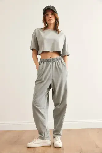 Ayol kulrang yuvilgan tepa va pastki yozgi paxta kostyumi TKM - 5