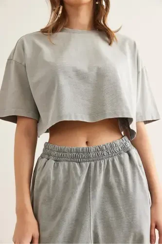 Ayol kulrang yuvilgan tepa va pastki yozgi paxta kostyumi TKM - 7