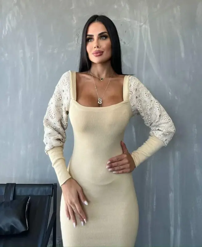 Ayol Kvadrat Yoqali Qo'llari Manshet Va Tül Detalli Fursat mahsuloti Midi Bo'yli Ko'ylak - 3