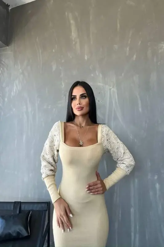 Ayol Kvadrat Yoqali Qo'llari Manshet Va Tül Detalli Fursat mahsuloti Midi Bo'yli Ko'ylak - 5