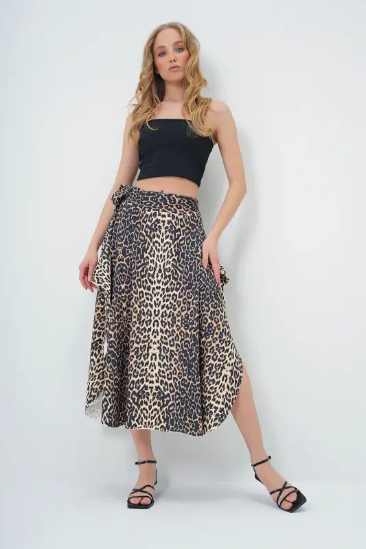 Ayol Leopard Asimmetrik Kesimli Beli Bog'lamali Yubka ALC-X5001-LEOPAR - 5