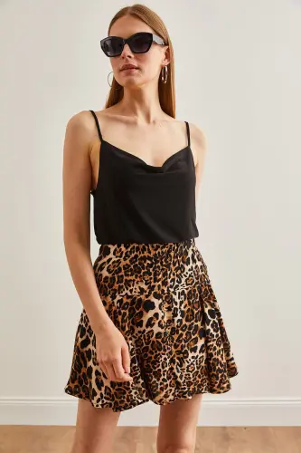 Ayol Leopard Qora Shimli To'quv Viskoza Mini Yubka - 9