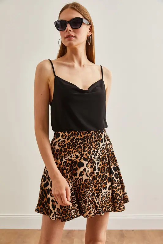 Ayol Leopard Qora Shimli To'quv Viskoza Mini Yubka - 9