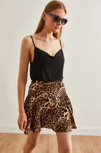 Ayol Leopard Qora Shimli To'quv Viskoza Mini Yubka - 4