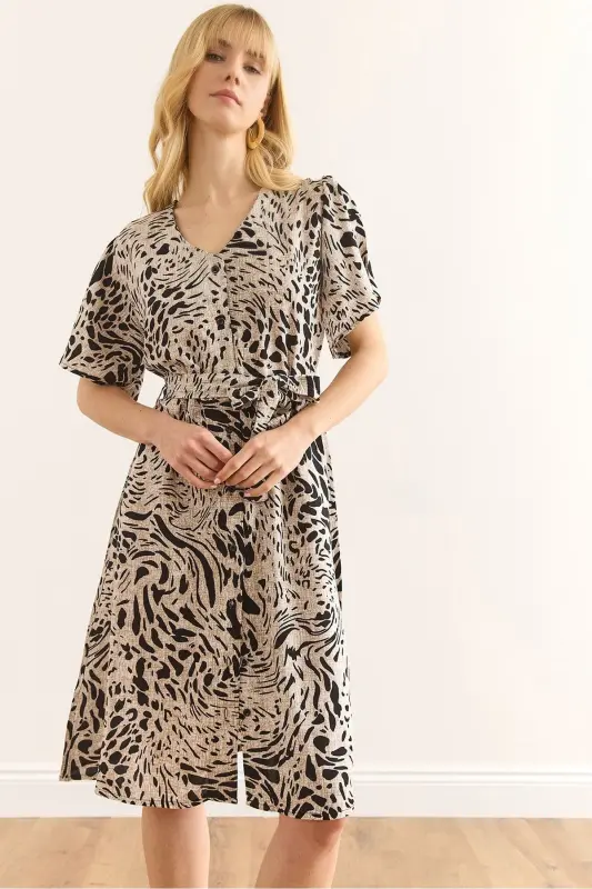 Ayol Leopard Qora V yoqali Kamarli To'quv Mini Ko'ylak - OLALOOK