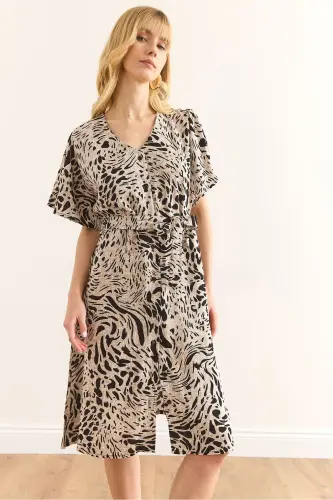 Ayol Leopard Qora V yoqali Kamarli To'quv Mini Ko'ylak - OLALOOK (1)