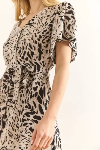 Ayol Leopard Qora V yoqali Kamarli To'quv Mini Ko'ylak - 5