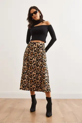 Ayol Leopard Tosh Beli Rezinkali Zamsh Tuzilishli Qo'ng'iroq Yubka - 4