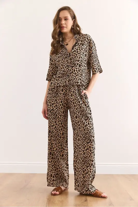 Ayol Leopard Tuya Yuqori Ko'ylak Pastki Cho'ntakli Shim V - 3