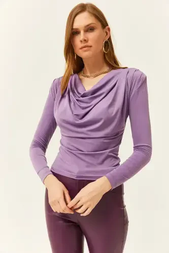 Ayol Lila Vatkalı Pileli Degaje Yaka Bluz BLZ-19002419-Lila - 3