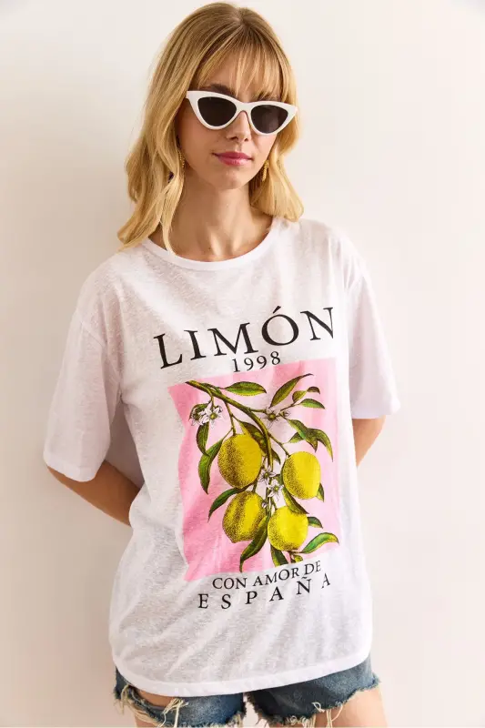 Ayol limon oq bosma flamli futbolka TSH-190009 - 3