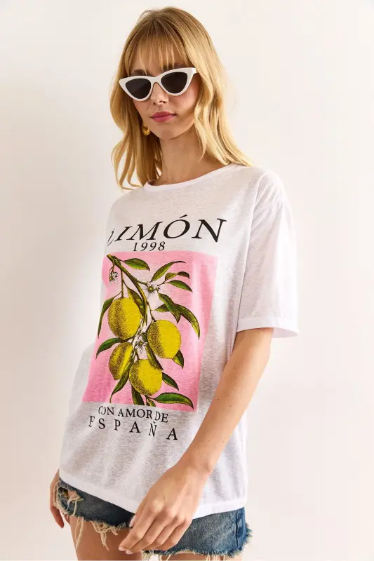 Ayol limon oq bosma flamli futbolka TSH-190009 - 4