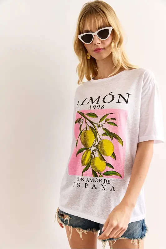 Ayol limon oq bosma flamli futbolka TSH-190009 - 5
