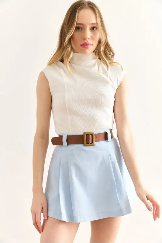 Ayol Moviy Kamarli Gabardin Shortli Yubka ETK-190003 - OLALOOK