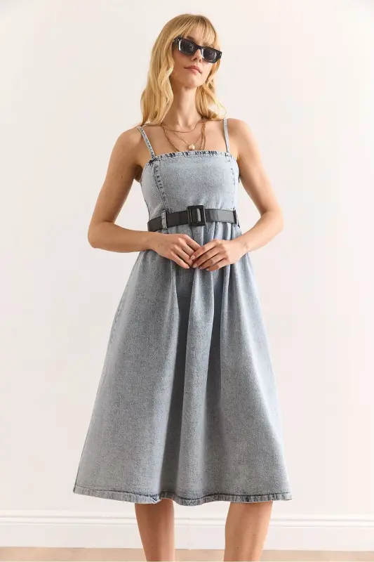 Ayol Moviy Kamarli Midi Klos Denim Ko'ylak E - 3