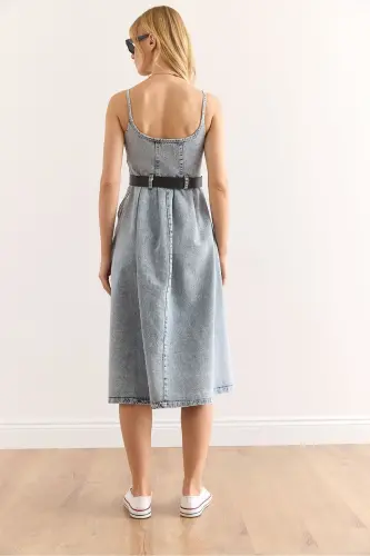 Ayol Moviy Kamarli Midi Klos Denim Ko'ylak E - 6
