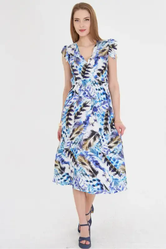 Ayol Moviy Kreyser Yoqasi Yelkasi Frill Tafsilotli Beli Lastikli Midi Bo'yli Ko'ylak ARM-24Y001020-Moviy - Modazone