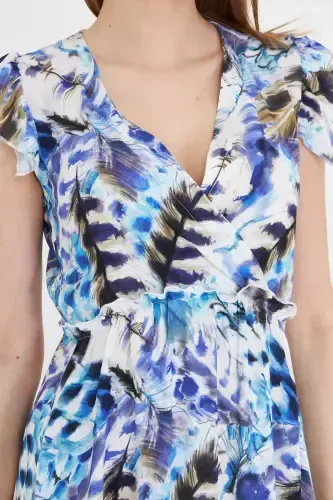 Ayol Moviy Kreyser Yoqasi Yelkasi Frill Tafsilotli Beli Lastikli Midi Bo'yli Ko'ylak ARM-24Y001020-Moviy - 3