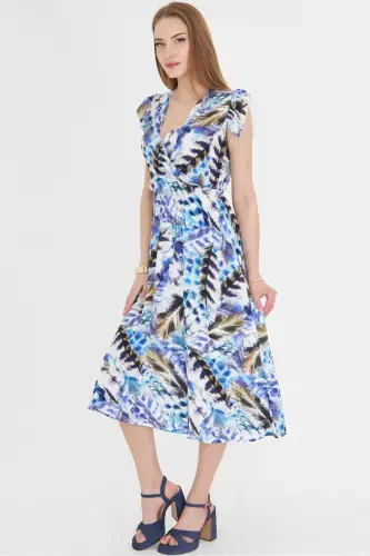 Ayol Moviy Kreyser Yoqasi Yelkasi Frill Tafsilotli Beli Lastikli Midi Bo'yli Ko'ylak ARM-24Y001020-Moviy - 4