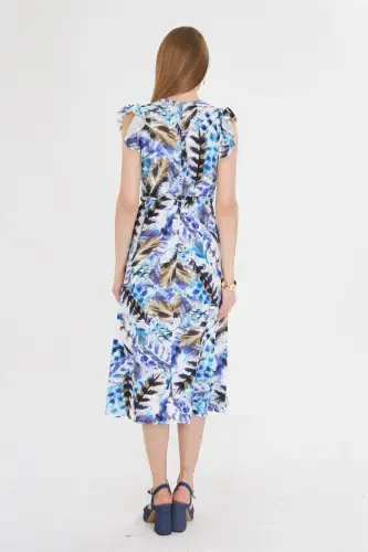 Ayol Moviy Kreyser Yoqasi Yelkasi Frill Tafsilotli Beli Lastikli Midi Bo'yli Ko'ylak ARM-24Y001020-Moviy - 5