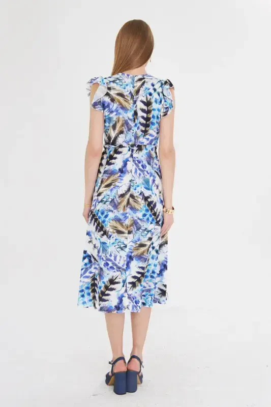 Ayol Moviy Kreyser Yoqasi Yelkasi Frill Tafsilotli Beli Lastikli Midi Bo'yli Ko'ylak ARM-24Y001020-Moviy - 5