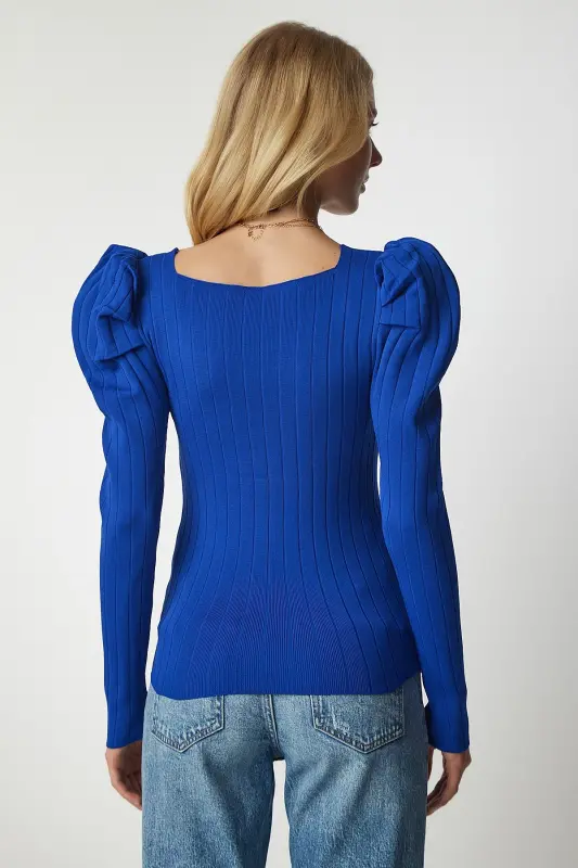 Ayol Moviy Kvadrat Yoqali Fitilli Trikotaj Bluz YY00159-Moviy - 5