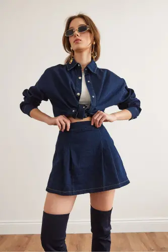 Ayol Moviy Pliseli Fermuarli Mini Denim Yubka 9936 E - OLALOOK (1)