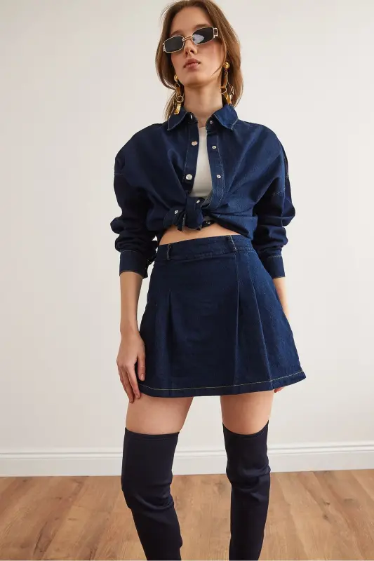 Ayol Moviy Pliseli Fermuarli Mini Denim Yubka 9936 E - 4
