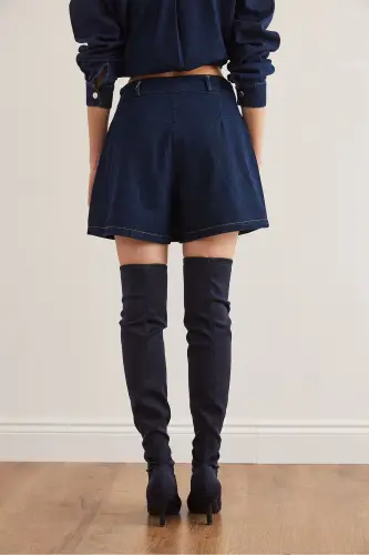 Ayol Moviy Pliseli Fermuarli Mini Denim Yubka 9936 E - 6