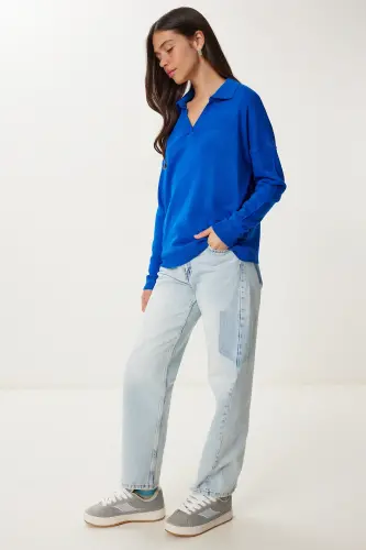 Ayol Moviy Polo Yoqali Asosiy Ko'ylak bv00094-Moviy - 3
