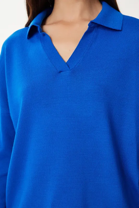 Ayol Moviy Polo Yoqali Asosiy Ko'ylak bv00094-Moviy - 4