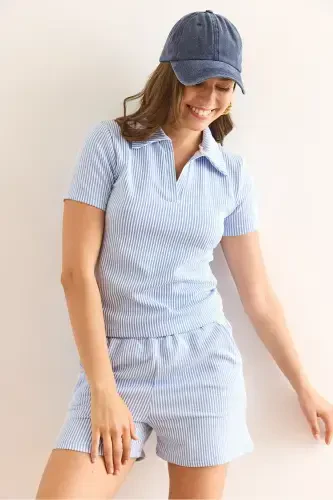 Ayol Moviy Polo Yoqali Bluzkali Shortikli Kostyum TKM-19000 - 2