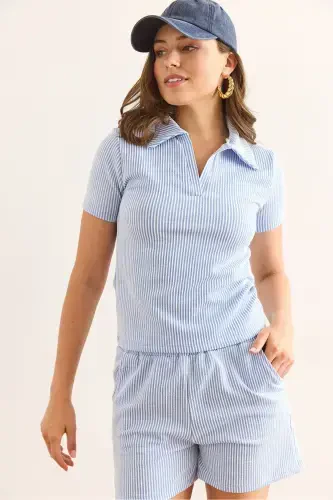 Ayol Moviy Polo Yoqali Bluzkali Shortikli Kostyum TKM-19000 - 5