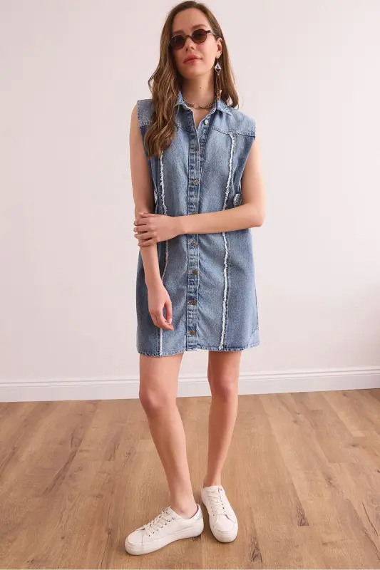Ayol Moviy Rang Tafsilotli Denim Mini Ko'ylak Libos E - 1