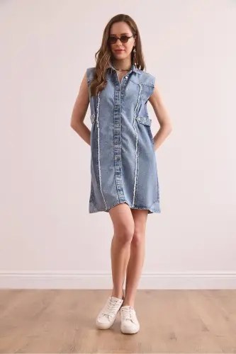 Ayol Moviy Rang Tafsilotli Denim Mini Ko'ylak Libos E - 4