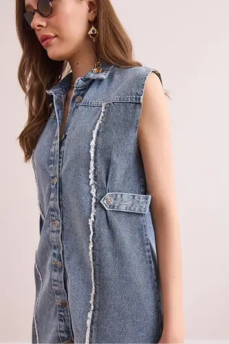 Ayol Moviy Rang Tafsilotli Denim Mini Ko'ylak Libos E - 7