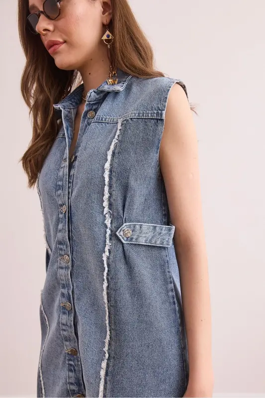 Ayol Moviy Rang Tafsilotli Denim Mini Ko'ylak Libos E - 7