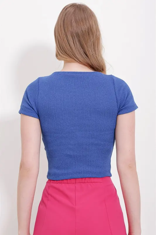 Ayol Moviy Velosiped Yoqasi Crop To'quv Bluz ALC-X11549-MAVI - 5